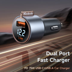 CARREGADOR VEICULAR MCDODO COM DISPLAY DIGITAL 75W USB + TIPO-C